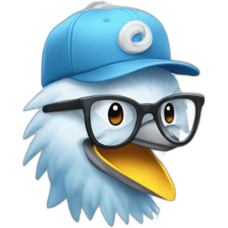 Crazy funny Articuno head with human white teeth and beautiful smile wearing glasses and hat emoji