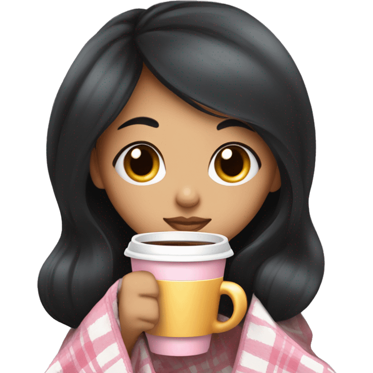 A cute black hair girl wrapped in pastel pink plaid blanket drinking coffee emoji