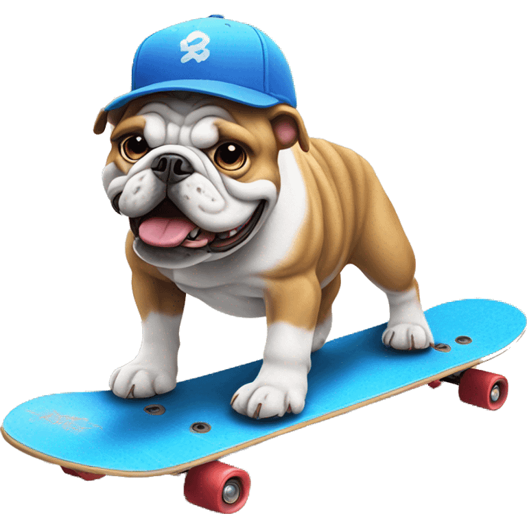 Bulldog with a blue baseball cap skateboarding by the beach emoji