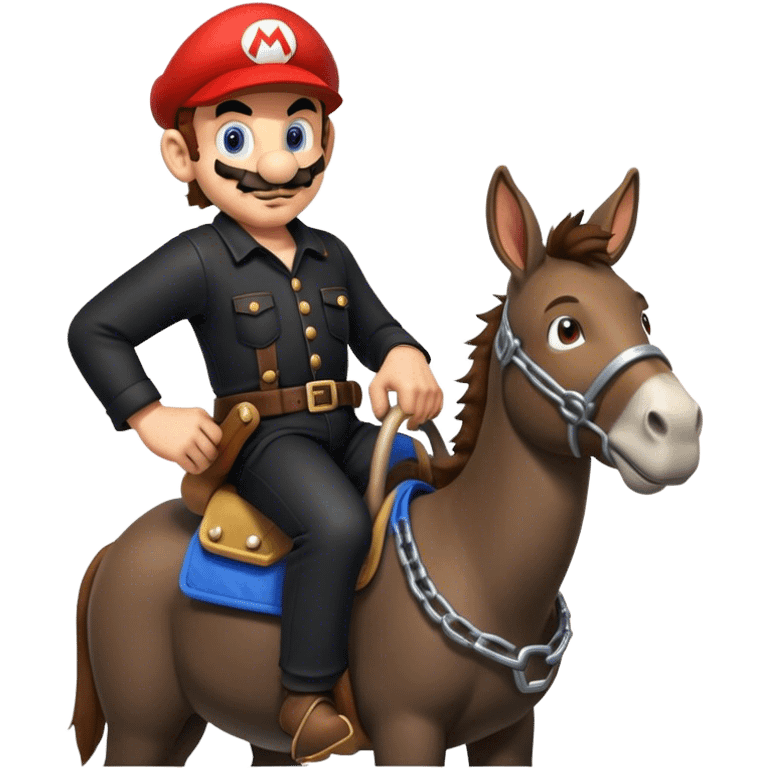 Super Mario in black mechanic clothes riding on a donkey  emoji