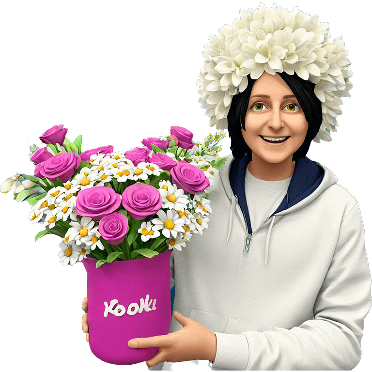 smiling boy with flower bouquet emoji