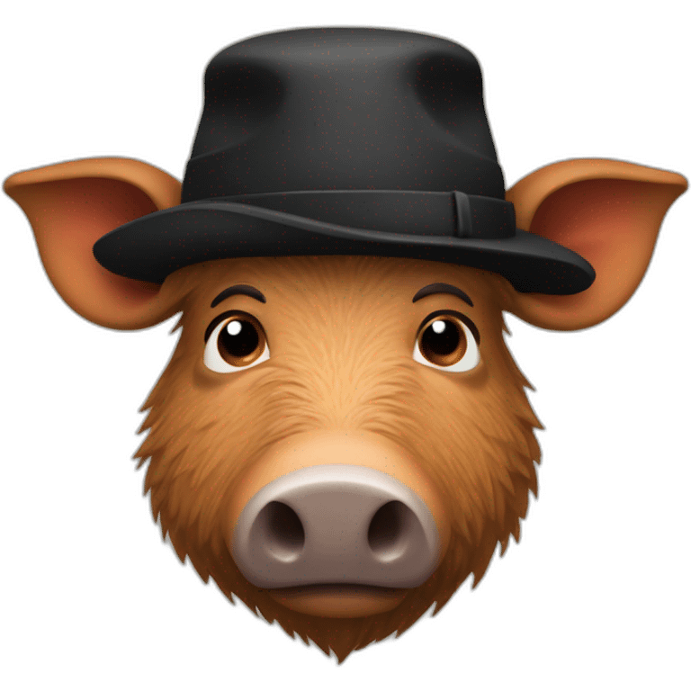 Sad brown stubble boar with tusks in black winter hat emoji