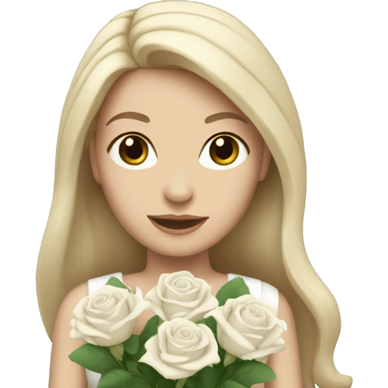 white girl with long hair with a bouquet of  white roses emoji