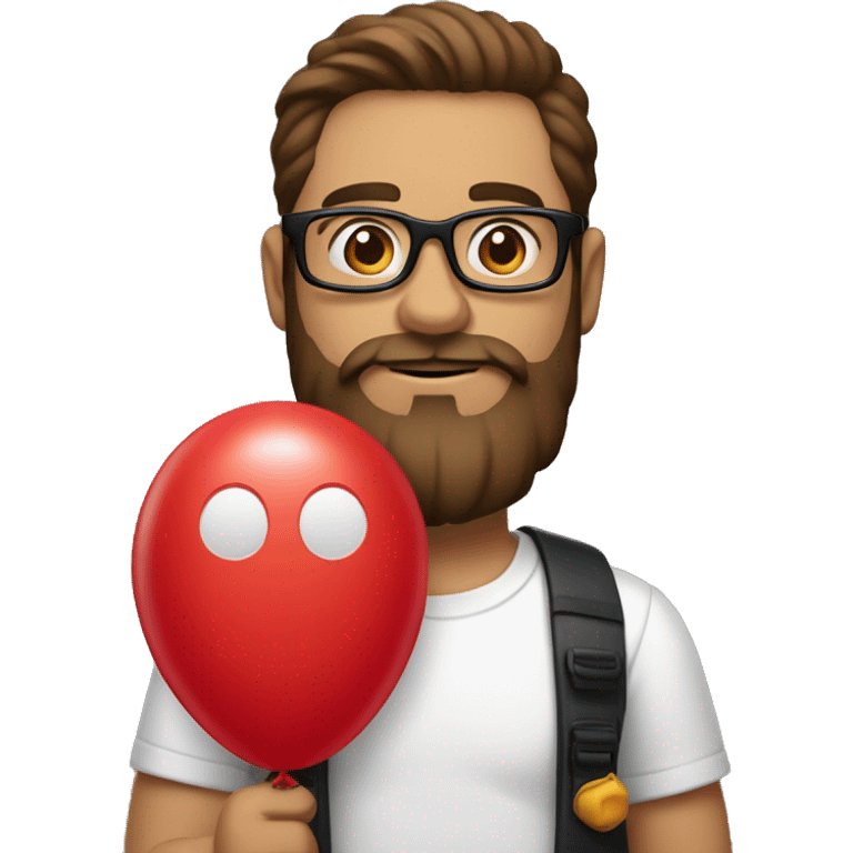 Heavy white young dad, with a big brown beard and black rectangle glasses and brown hair he’s holding a red balloon animal shaped like a dog emoji