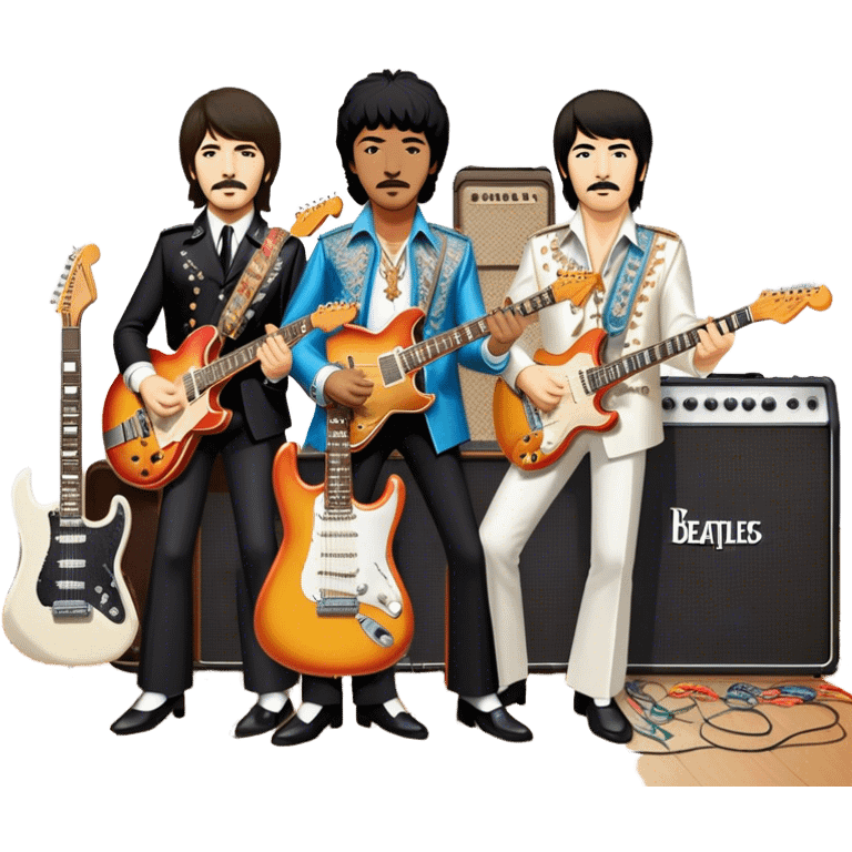 Rock music icon: collage of legendary rock stars—The Beatles, Jimi Hendrix, Elvis Presley, Queen, Nirvana, Led Zeppelin. Electric guitars, amplifiers, and microphones surrounded by vibrant stage lights and musical notes. Transparent background. emoji