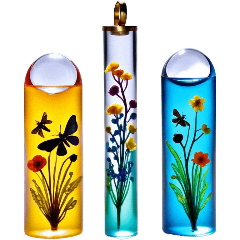 Create an icon that represents decorative arts using epoxy resin in tubes. The design should feature colorful tubes of resin, including fluorescent resin tubes, with visible drops or strokes of resin being applied to create intricate designs. Include finished resin jewelry pieces, such as pendants or rings, containing preserved flowers and insects encased in clear resin. The composition should feel vibrant, artistic, and delicate, showcasing the unique beauty of resin art with natural elements. The background should be transparent emoji