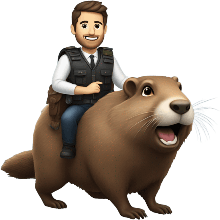 Confident armored White Man with dark brown hair and a short beard riding on the back of a giant groundhog wearing a birthday hat emoji