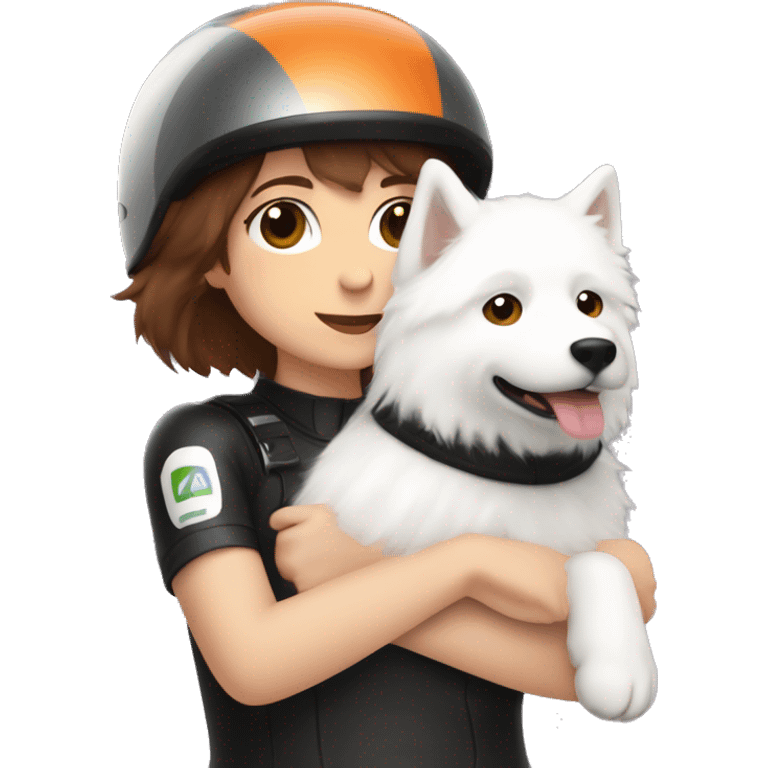 Girl biker white skin and brown short hair with a agv helmet hugging a Samoyed emoji