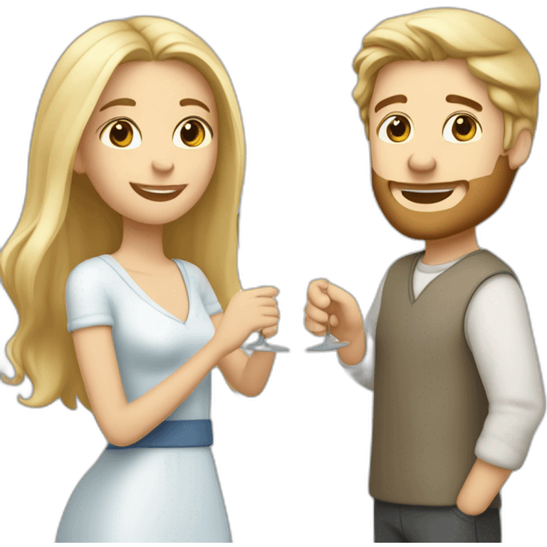 A white female with brown eyes and blond medium long hair and a white male with blue eyes and grey hair, they toast to each other with a glass of white wine. emoji