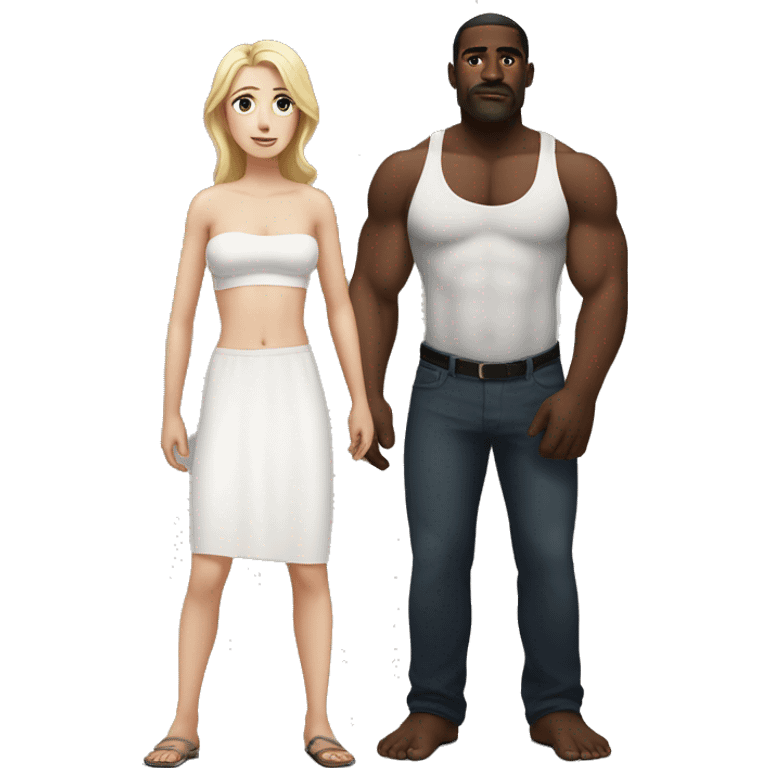 Woman  with white skin standing next to a strong black man who is shirtless and twice her height emoji