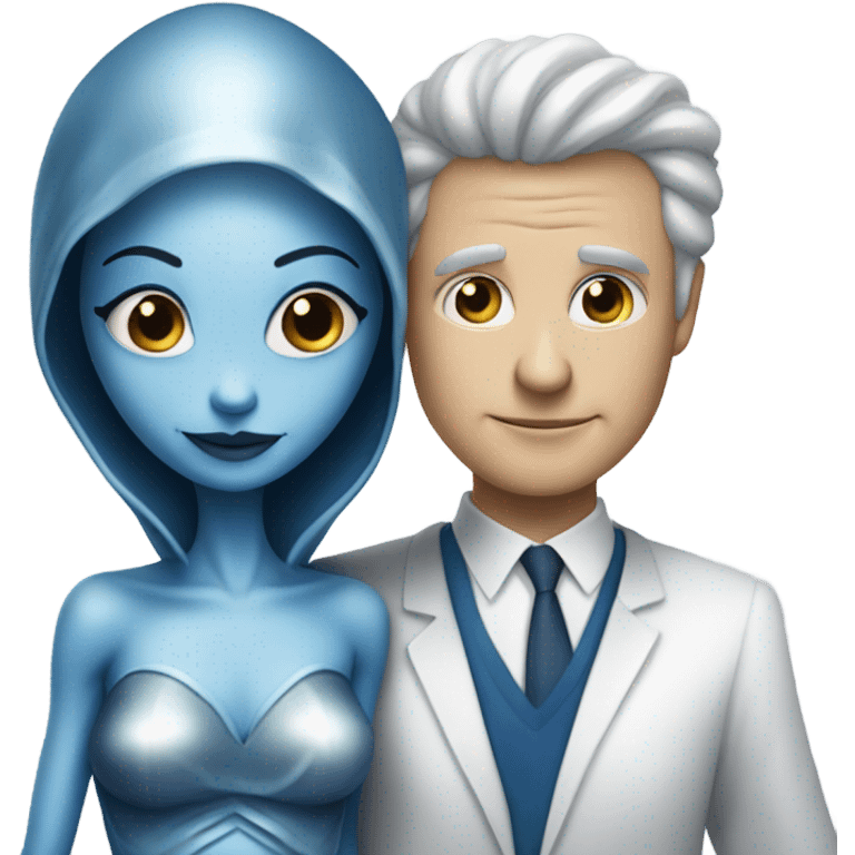 alien woman in silver dress hugs white man in blue dress emoji