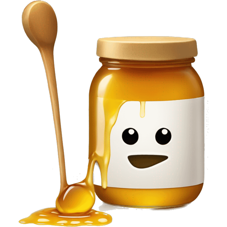 A jar of honey with a honey grooved spoon that is dripping honey  emoji