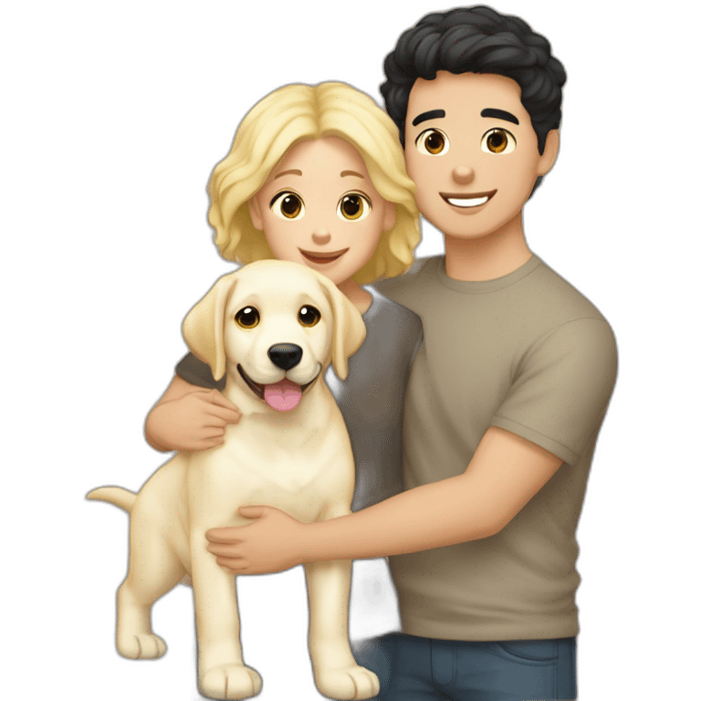 gay couple, 1 white straight australian blackhair-slightly-curly-holding one light yellow labrador retriever puppy emoji