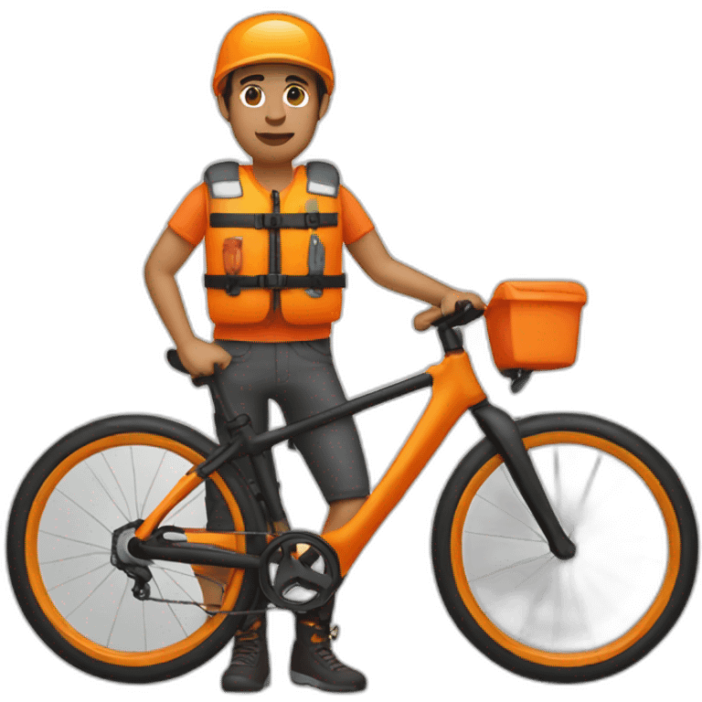 Bike guy brown hair and hat orange life vest emoji