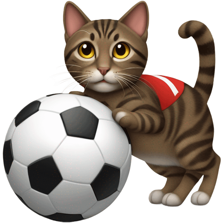 dark brown tabby cat playing soccer in a red soccer jersey emoji