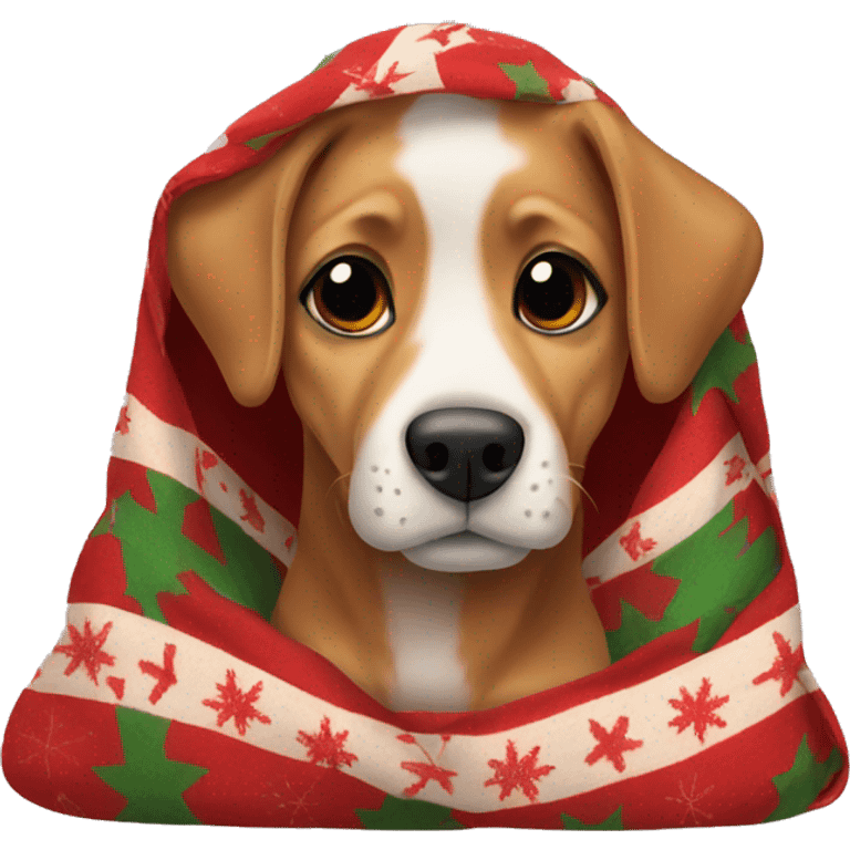 Dog wrapped in Christmas blanket emoji