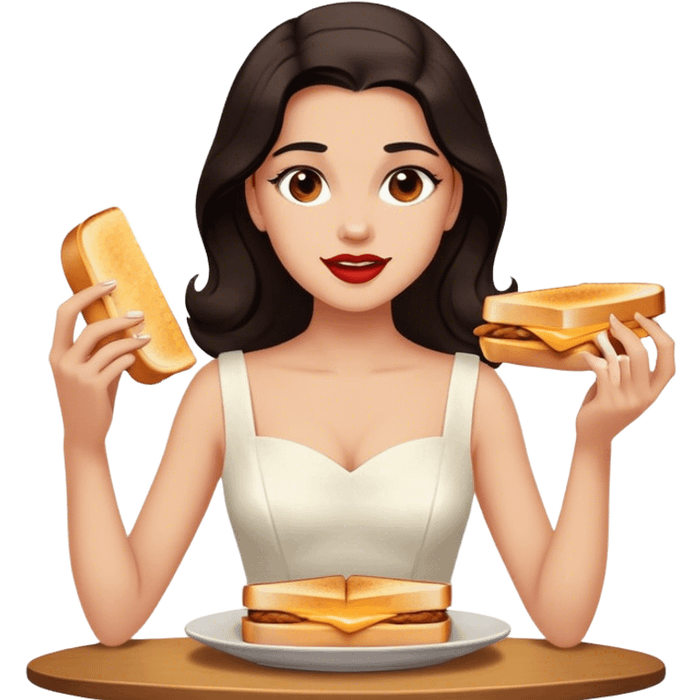 Beautiful woman in 1950’s woman fashion look, white dress, long dark brown hair, grilled cheese sandwiche emoji