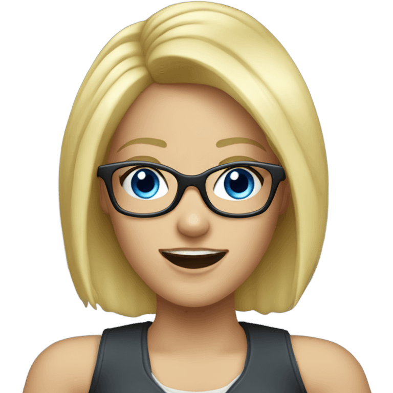 Female dj with blue eyes blonde hair wearing glasses and arms in the air emoji