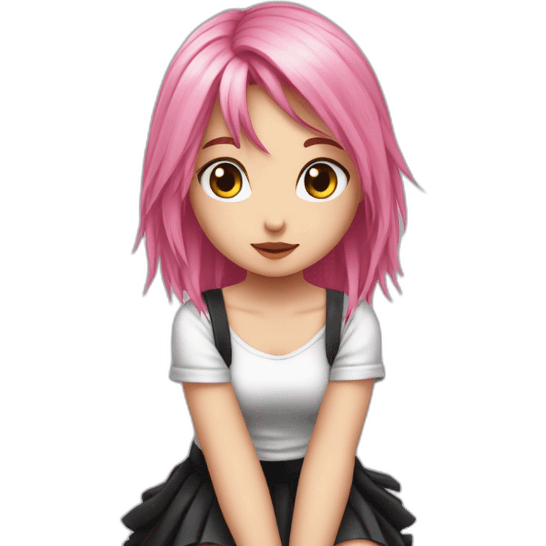 Full body Front view curvy emo girl pink hair sits on the floor straight view hands up black skirt белые трусики emoji