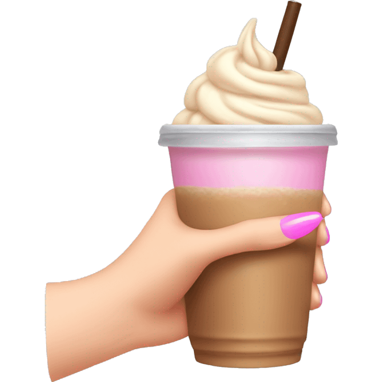 white left female hand with long pink nails clutching iced  coffee emoji