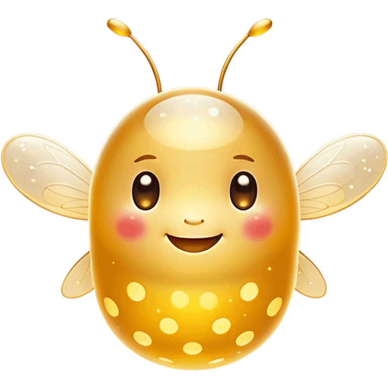 Cinematic tiny glowing firefly, round and chubby, soft golden light, tiny happy face, gentle floating motion, surrounded by dreamy sparkling dots. emoji