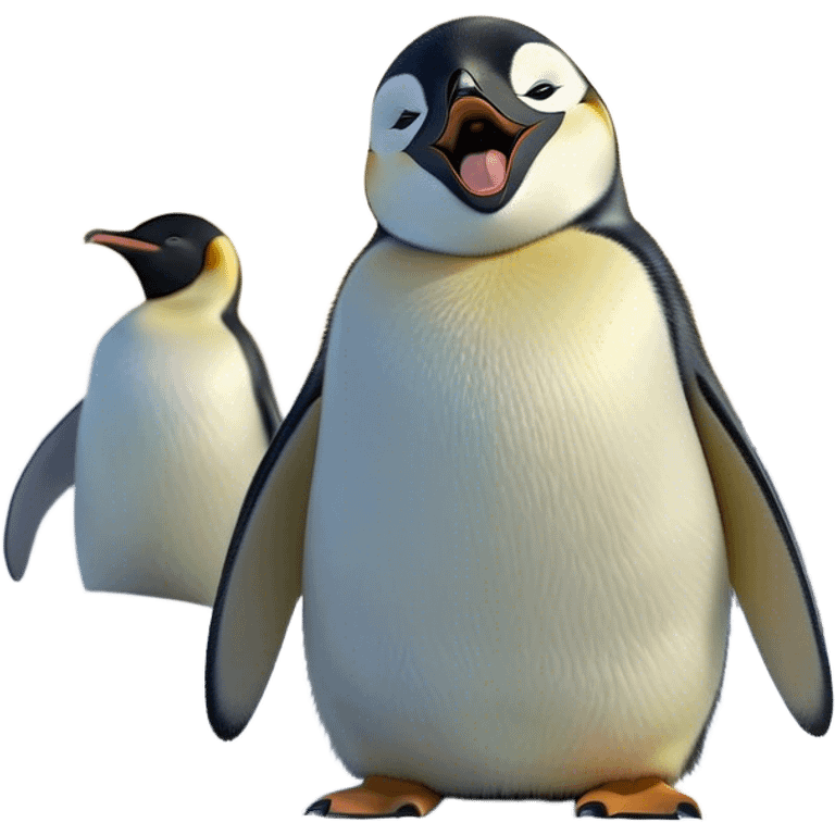 Cinematic Cute Yawning Emperor Penguin Portrait Emoji, Head tilted slightly with a dramatic, wide-open yawn, showcasing smooth, downy feathers with a striking contrast and sleepy, half-closed eyes, Simplified yet irresistibly adorable features, highly detailed, glowing with a soft, cozy polar glow, high shine, relaxed yet expressive, stylized with a touch of whimsical charm, soft glowing outline, capturing the essence of a drowsy yet affectionate arctic guardian that seems ready to stretch out and nap! emoji