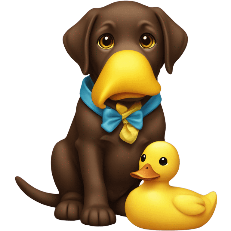 Chocolate lab puppy with big yellow duck plush toy in mouth emoji