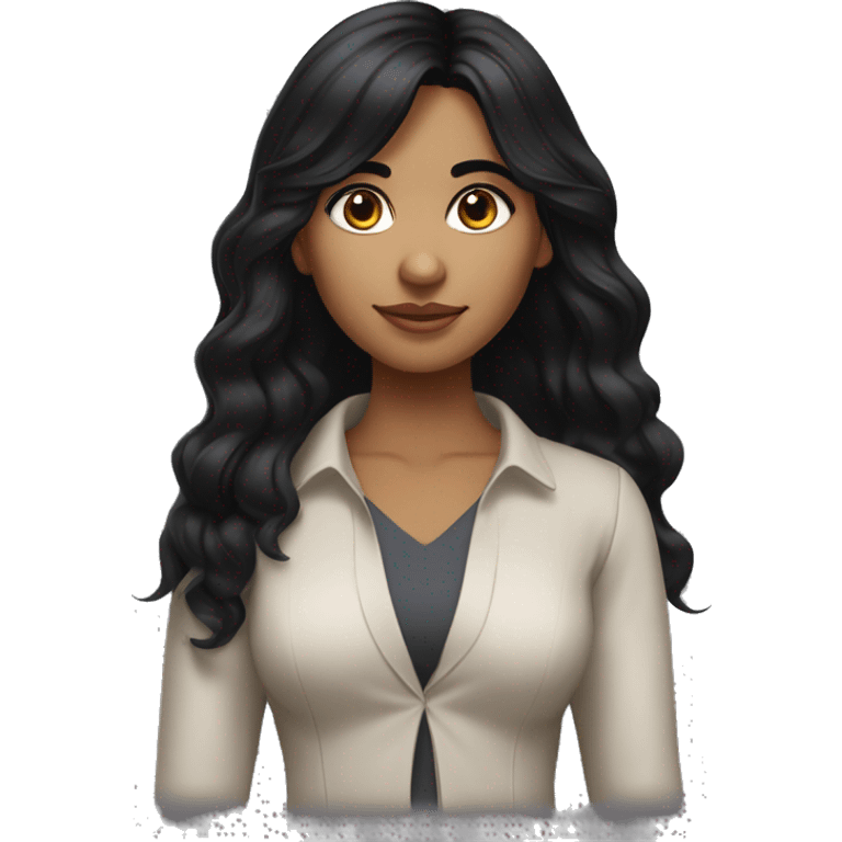 Indian girl with shoulder length wavy black hair and wispy bang with dark brow eyes wearing a modern outfit. emoji