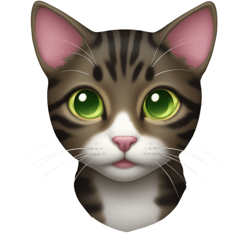 Black brown tabby cat with pink nose green eyes and white chest emoji