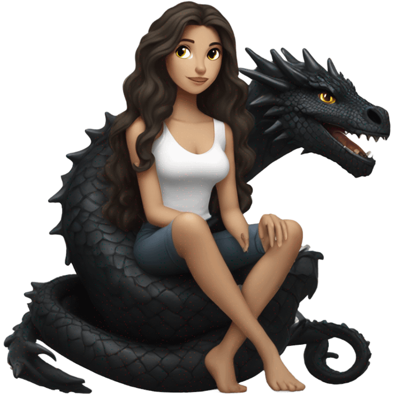 Beautiful white woman with long wavy dark brown hair riding on top of a black dragon emoji