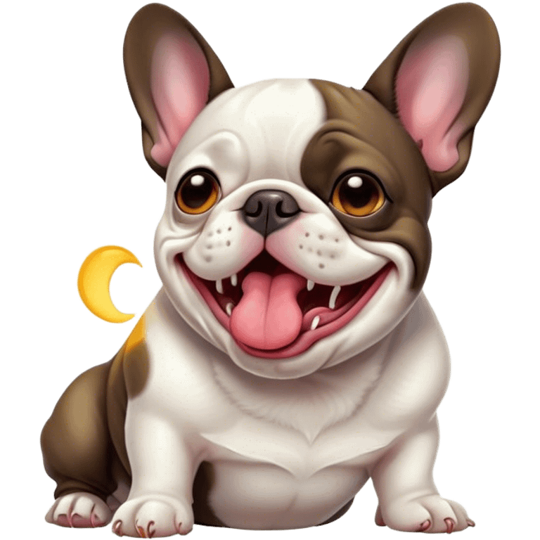 Cinematic Cute Yawning Pied French Bulldog Portrait Emoji, Head tilted with an exaggerated, endearing yawn and sleepy, squinty eyes, showcasing a unique pied fur of contrasting colors with a playful expression, simplified yet irresistibly adorable, highly detailed, glowing with a soft, cozy radiance, high shine, exuding a relaxed, humorous charm, styled with a gentle, soft glowing outline, capturing the essence of a Pied French Bulldog in a blissfully cute yawn that warms the heart! emoji