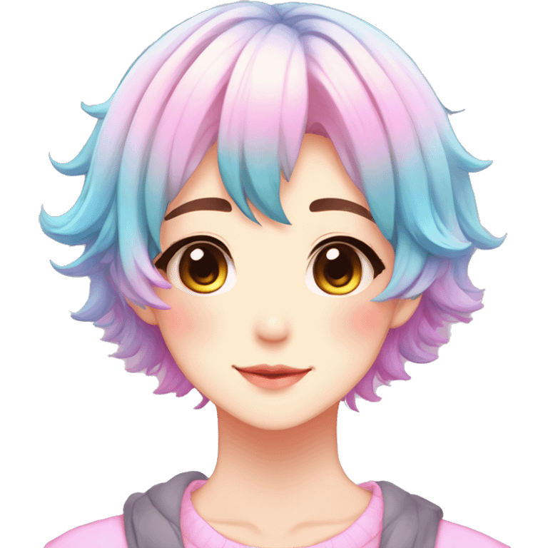 Gorgeous anime style shojo character with blushing face aesthetic and pretty colorful shiny gradient pastel hair with hair garment trending style emoji