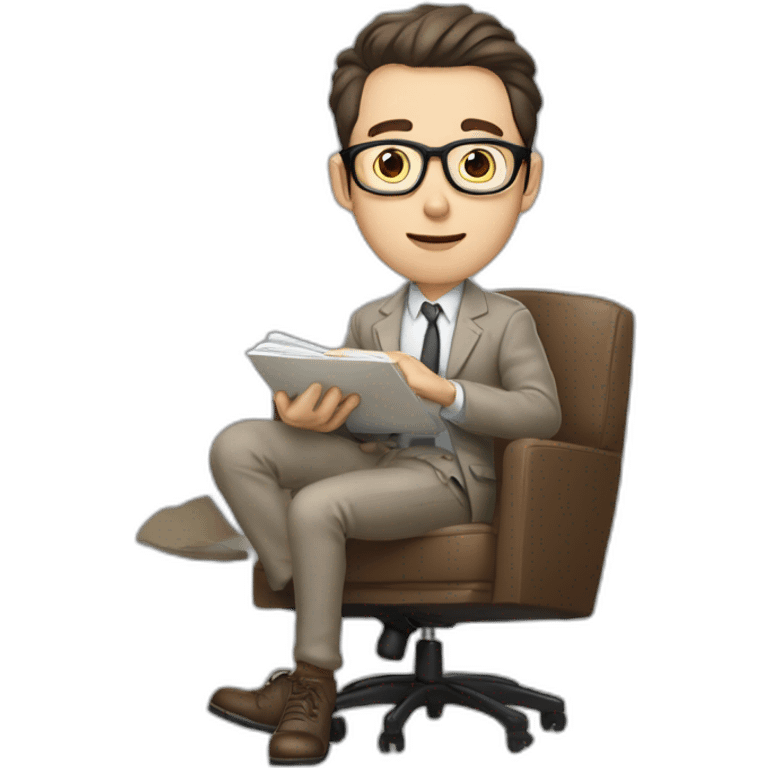 Fooling showing his tongue Pale skinned Fit Man With dark brown hair in gray jacket, beige office shirt, Brown pants and vintage glasses sitting In a soft chair with a notebook and a pen emoji