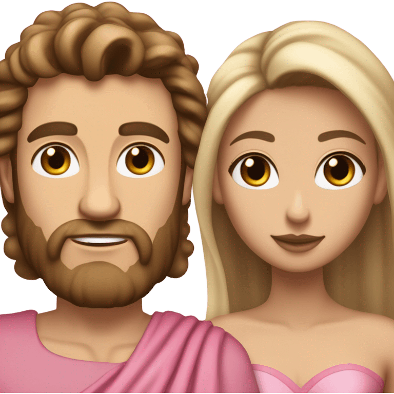 A handsome pale Greek god man who has long brown hair and tanned skin with a pretty black skinny tall model woman who has long voluminous brown & blonde highlights hair  and she is wearing a pink dress and they are a couple emoji