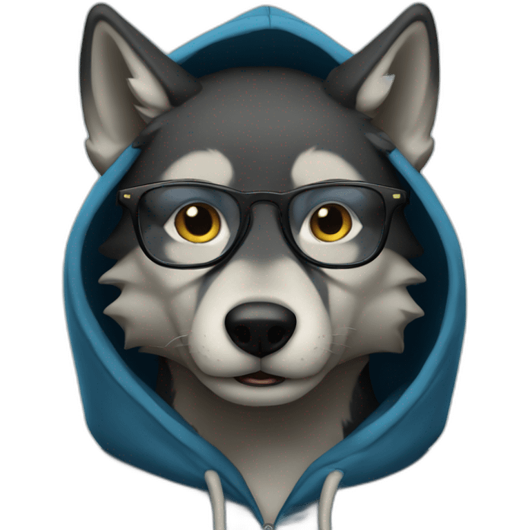 Blue wolf wearing glasses and black hoodie emoji