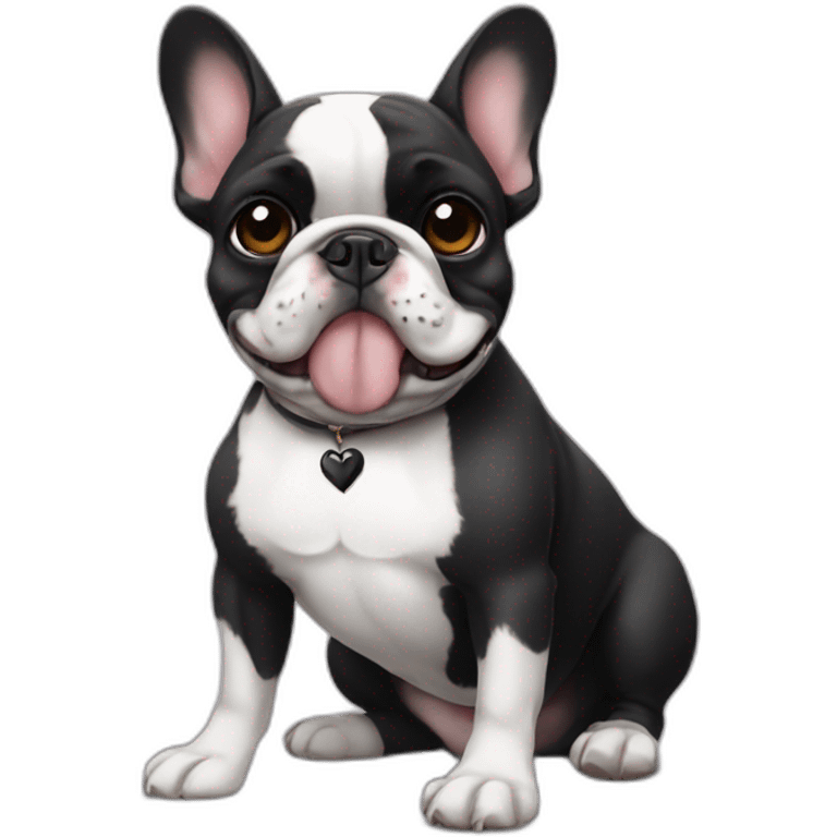 A french bulldog with black and white colors, one eye black, like a pirate, sitting on the ground, making a heart emoji emoji