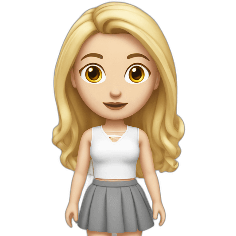 realistic caucasian female, long straight blonde hair, white lace up crop top, grey mini skirt, body view emoji