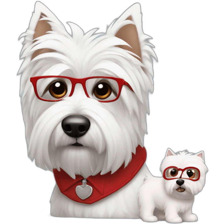 Hombre con gafas con montura roja y pelo de punta con un perro westie emoji