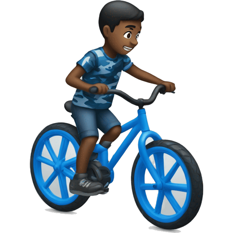 kid wheeling a blue camo bike  emoji