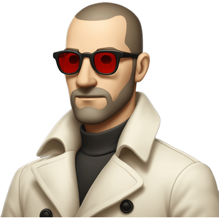 <excerpt>
A 1930s white man with real buzz cut Black hair, beard stubble donning small red tinted sun glasses in a dirty white trench coat, is serious.
</excerpt> emoji