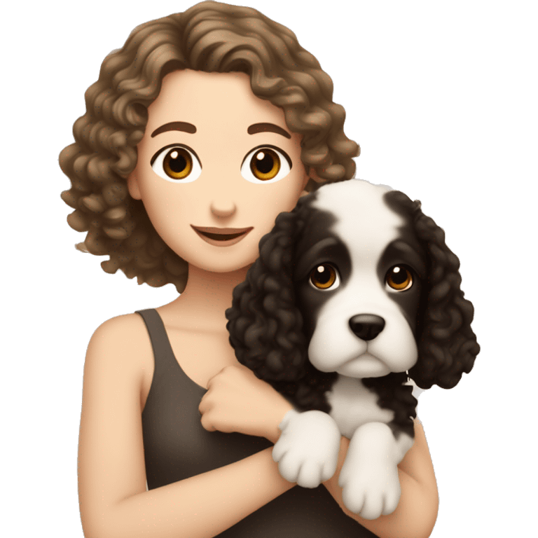 pale white girl with curly black hair holding tan brown puppy emoji