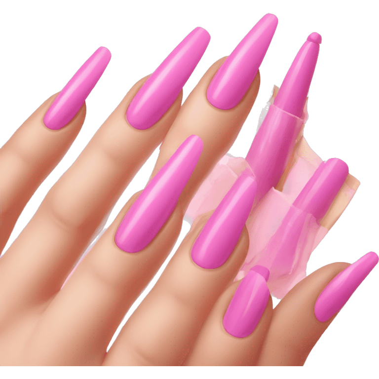 long acrylic fingernails pink nail polish, palm of hand, fingers folder over showing nails emoji