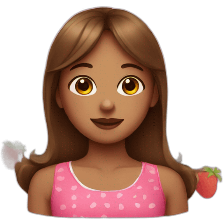 A girl with strawberries, wearing pink, with brown hair and cute makeup emoji