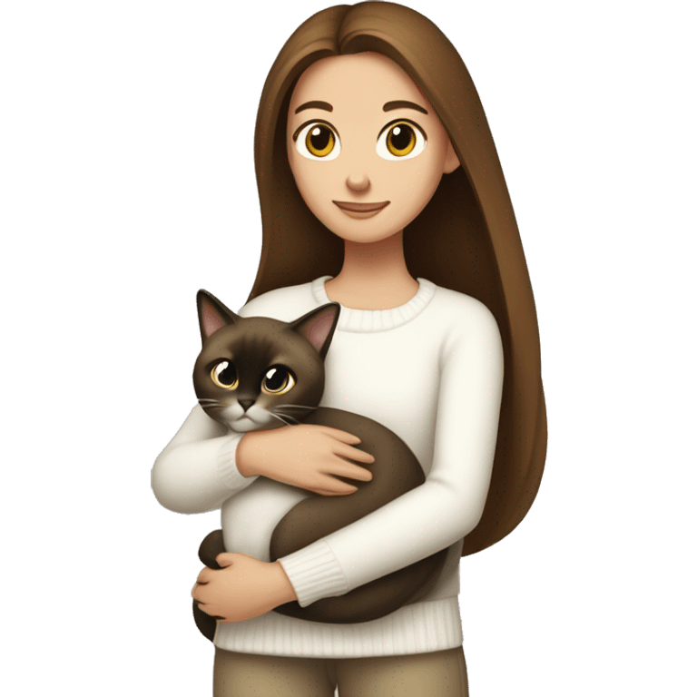 a girl with long brown hair, in a white sweater, hugs a Siamese cat. emoji