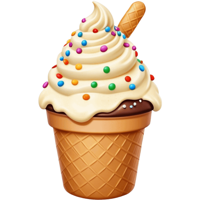 Cinematic scoop of rich, creamy ice cream, slightly melting, smooth swirls of chocolate and vanilla, colorful sprinkles on top, warm glowing background, playful and inviting. emoji