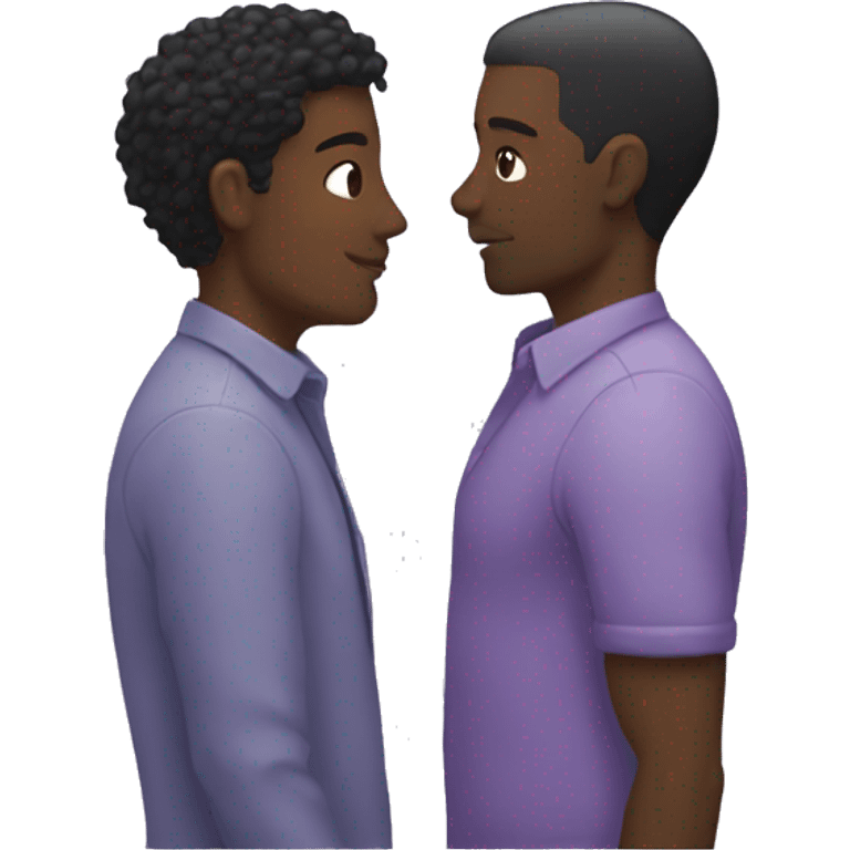 Two men kissing, one of the white with lavender hair and the other person is black with black hair  emoji