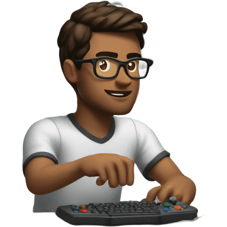 brunette man with glasses playing video games three screens emoji