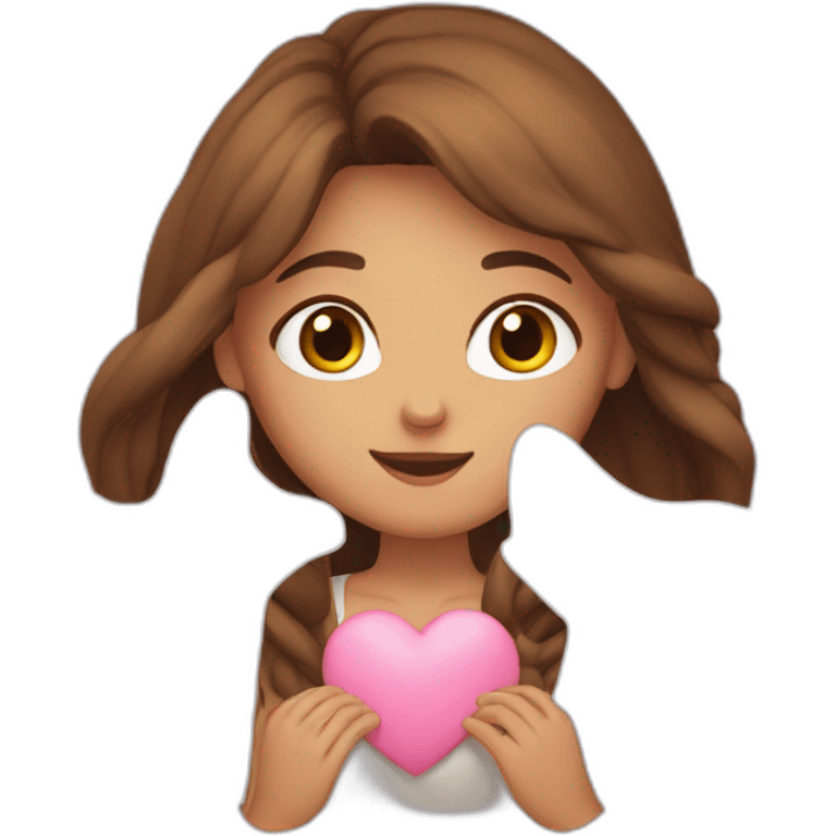 Girl with long brown hair shaping heart with her hands emoji