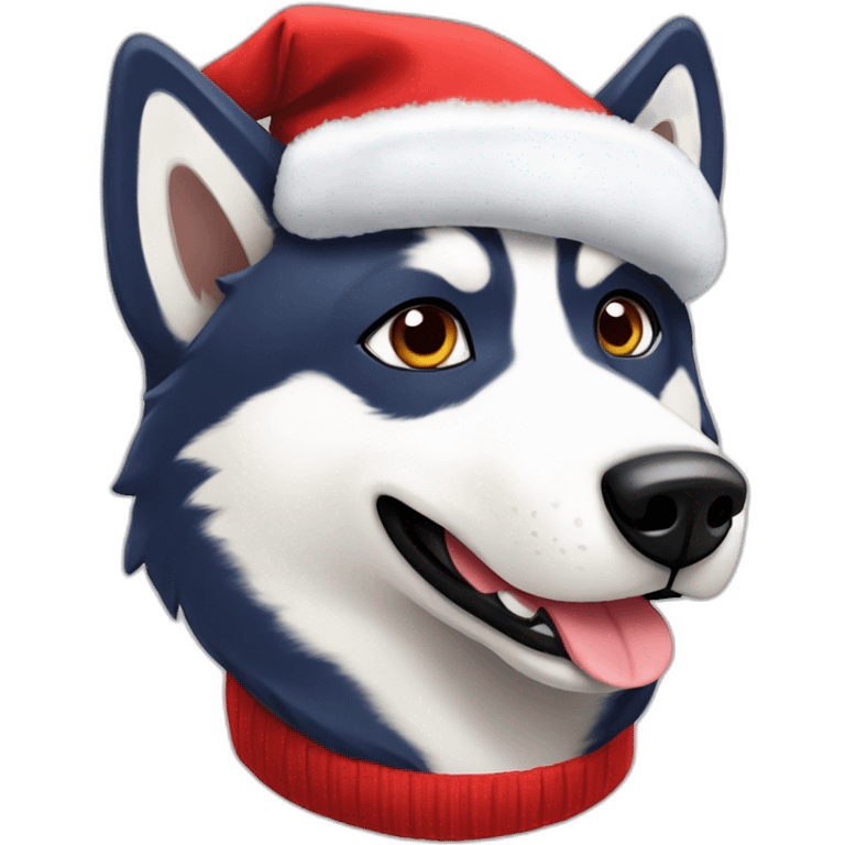 Husky avec un bonnet de père noël qui fait du sky emoji