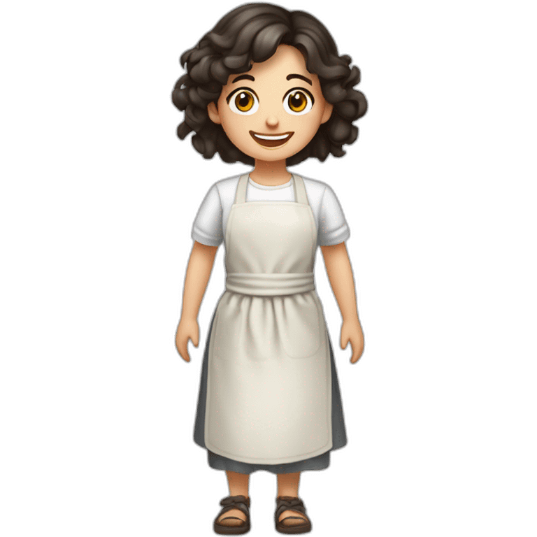 Slavic girl with dark hair in a white T-shirt and apron smiles with a rag in her hands and her hands on her sides emoji